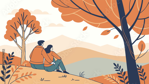 A loving couple embraces in a serene autumn landscape, enjoying the scenic mountain view and the romantic atmosphere of nature