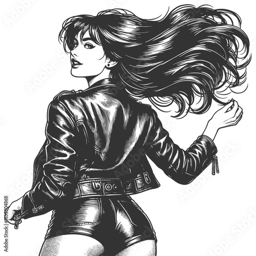 woman in a leather jacket, tube top, and shorts with flowing bob hairstyle and bold attitude sketch engraving generative ai fictional character vector illustration. Scratch board. Black and white.