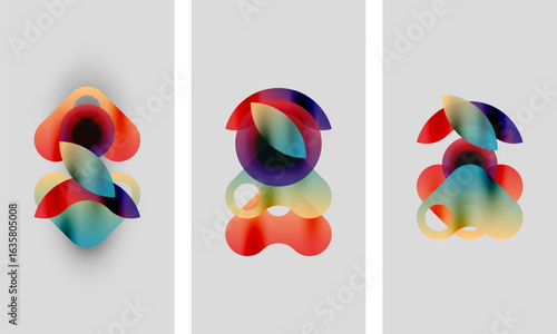 Abstract colorful shapes overlap, creating dynamic compositions. Three panels display similar designs, differing slightly in color arrangement. Soft gradients dominate.