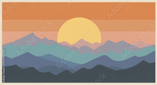 A stylized landscape with layered mountains beneath a segmented sunset and a prominent sun