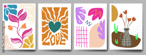 Groovy abstract flower art set. Organic doodle shapes in trendy naive retro hippie 60s 70s style. Contemporary doodle art design for print, wallpaper, clipart, wall art for home decoration, poster.