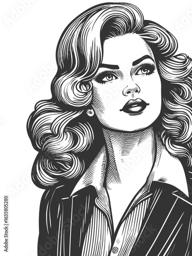 Businesswoman elegant woman with voluminous hair, wearing a suit sketch engraving generative ai fictional character vector illustration. Scratch board imitation. Black and white image.