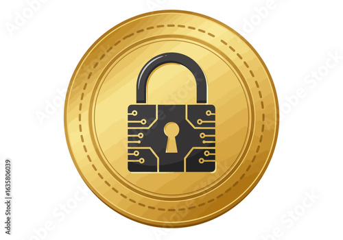 Golden Coin Featuring a Padlock with Circuit Board Design.