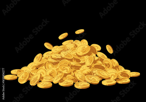 Cartoon Pile of Golden Coins with Dollar and Euro Symbols on Black Background.