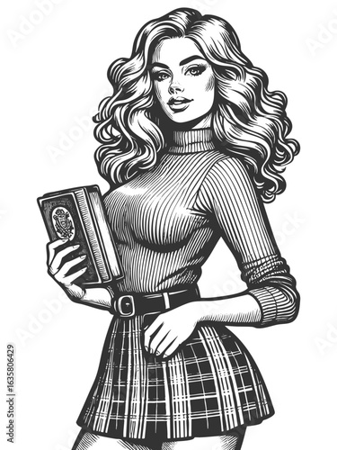 young woman in a turtleneck and plaid skirt, holding a book and standing boldly sketch engraving generative ai fictional character vector illustration. Scratch board imitation. Black and white image.