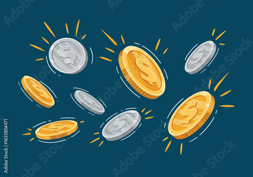 Cartoon Style Gold and Silver Coins with Dollar Sign on Blue Background.