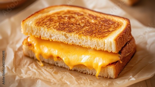 Golden Grilled Cheese Sandwich, Crispy Outside Soft Inside, Melted Cheddar Visible Through Cut Window on Parchment Paper