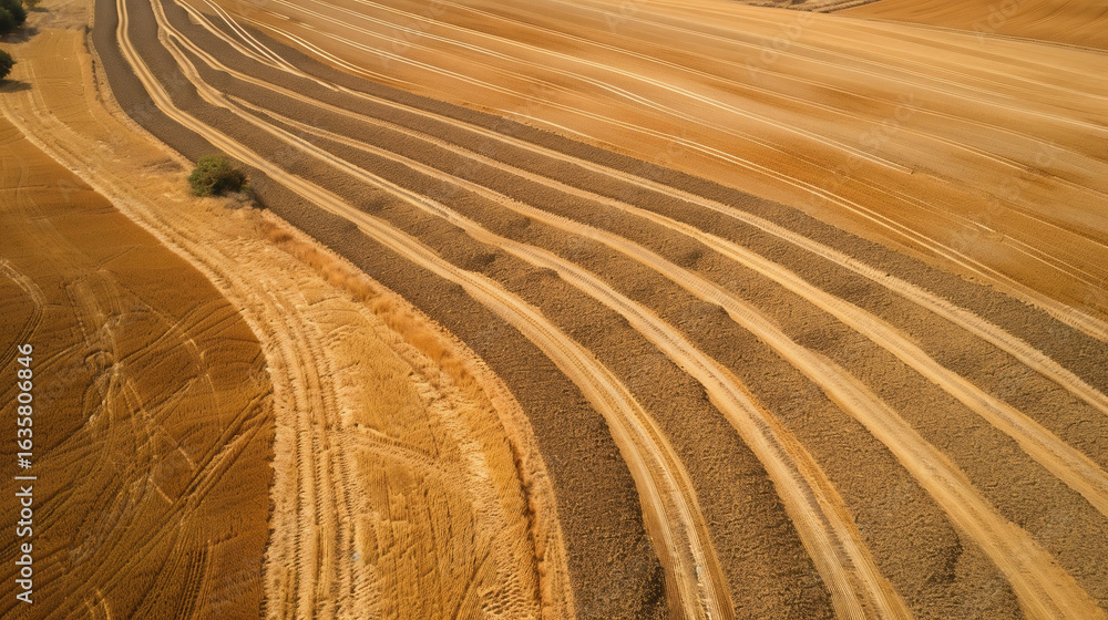 Naklejka premium Aerials showing the patterns of organized crops and machinery lines, as well as tractors making patterns