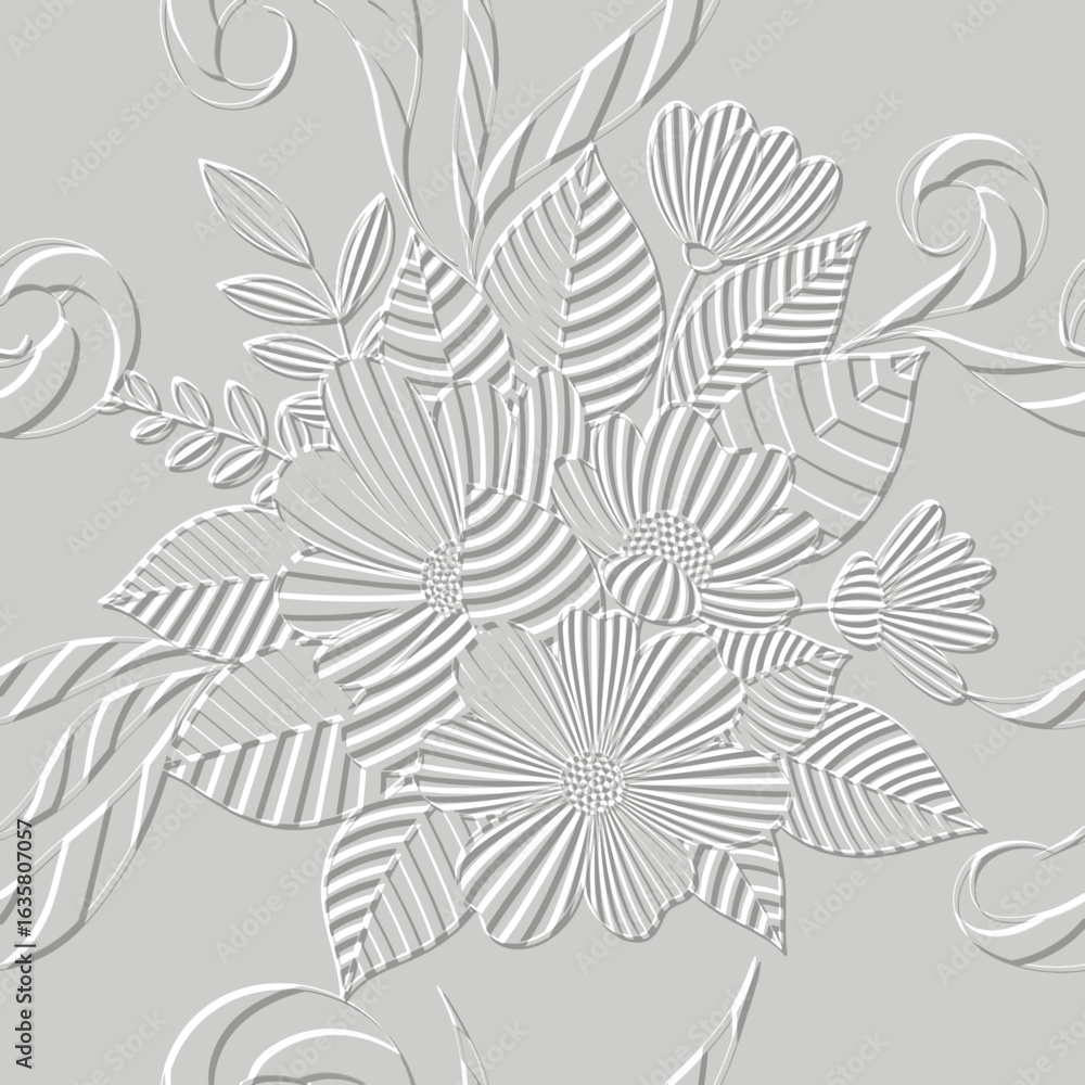 Obraz premium 3d striped embossed floral seamless pattern with stylized flowers, leaves, curved swirls on a light grey background. Emboss textured relief beautiful ornaments. Endless hand drawn vector texture.