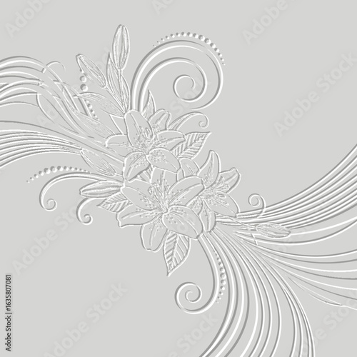 Elegant embossed floral 3d pattern arrangement with relief blooming lilies, swirling lines, dots in a monochrome silver grey on a light background. Vector ornamental textured emboss composition.