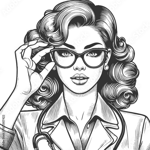 female doctor adjusting her glasses, featuring glamorous curls and stethoscope sketch engraving generative ai fictional character vector illustration. Scratch board imitation. Black and white image.