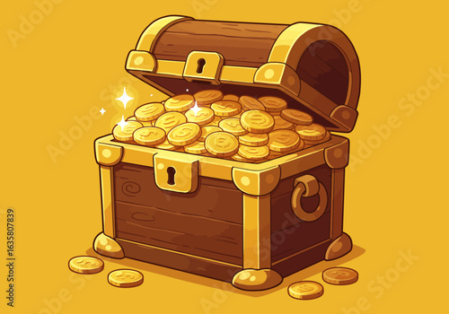 Cartoon Treasure Chest Overflowing with Gold Coins and Sparkling Gems.