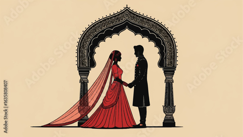 Silhouette of Indian Wedding Couple Under Grand Arch Illustration