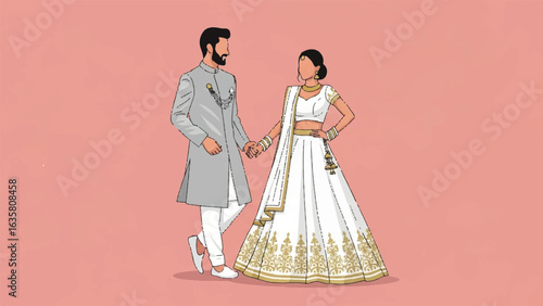 Indian Wedding Couple in Elegant Attire Holding Hands, Modern Illustration