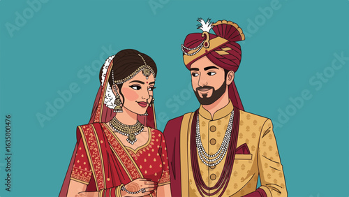 Indian Wedding Couple in Traditional Attire, Teal Background Illustration