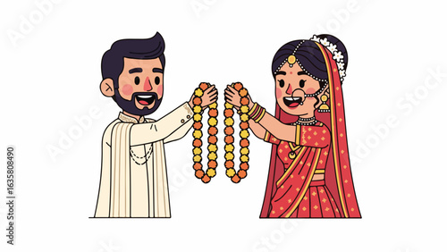Cute Chibi Indian Couple Exchanging Garlands, Wedding Ritual Illustration