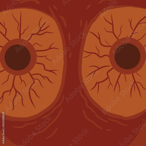 Close-up of two large bloodshot eyes on red background symbolizing fear and alertness.
