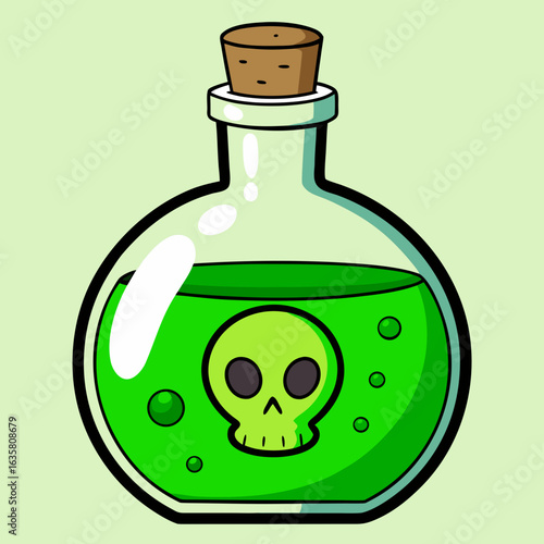 Green potion bottle with skull symbol and cork stopper on light background.

