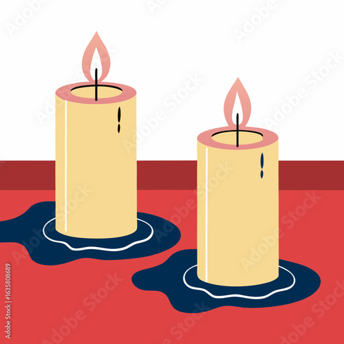 Two yellow candles with melted wax on red surface symbolizing light and ritual.
