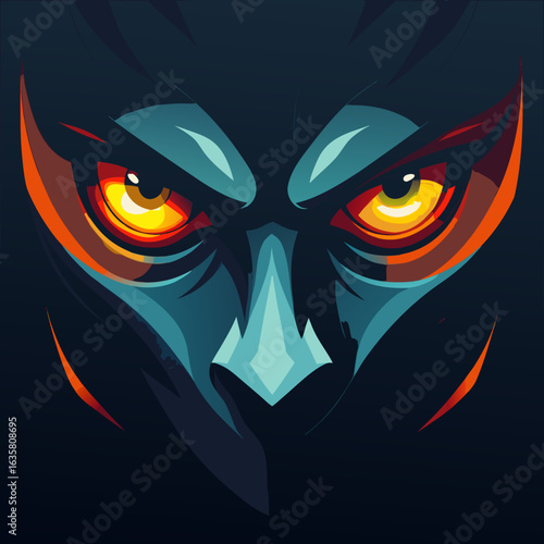 Close-up of intense glowing orange eyes and sharp blue beak of a dark mysterious bird-like creature.

