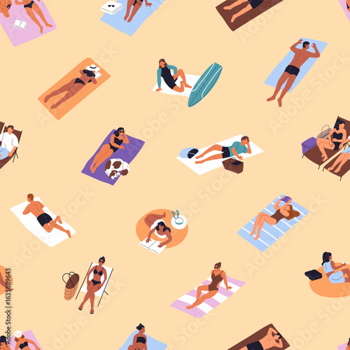 Repeatable pattern of people sunbathing on sand beach on summer vacations. Endless background of tourists lying on blankets, relaxing on coast on sea resort top view. Flat seamless vector illustration