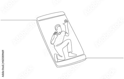 Continuous one line drawing of person trapped inside smartphone screen, symbolizing the feeling of digital addiction, social media dependence, single line art