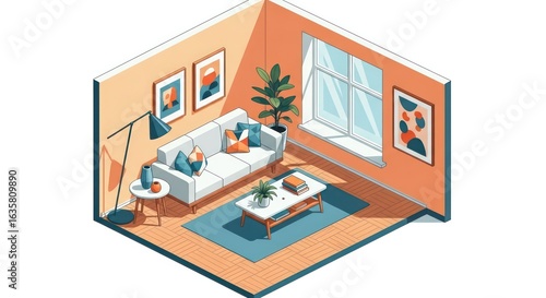 Clean Isometric Illustration of a Modern Living Room with Orange and Teal Decor