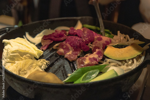 Genghis Khan Lamb and Vegetable BBQ on a Cast Iron Griddle in a Local Sapporo Restaurant