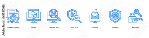 Data Fortress web banner icon vector illustration featuring Data Encryption, Exploit, QR Code Scan, Virus Scan, Phishing, Spyware, and Password.