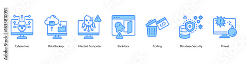 Digital Intrusion web banner icon vector illustration featuring Cybercrime, Data Backup, Infected Computer, Backdoor, Coding, Database Security, and Threat.