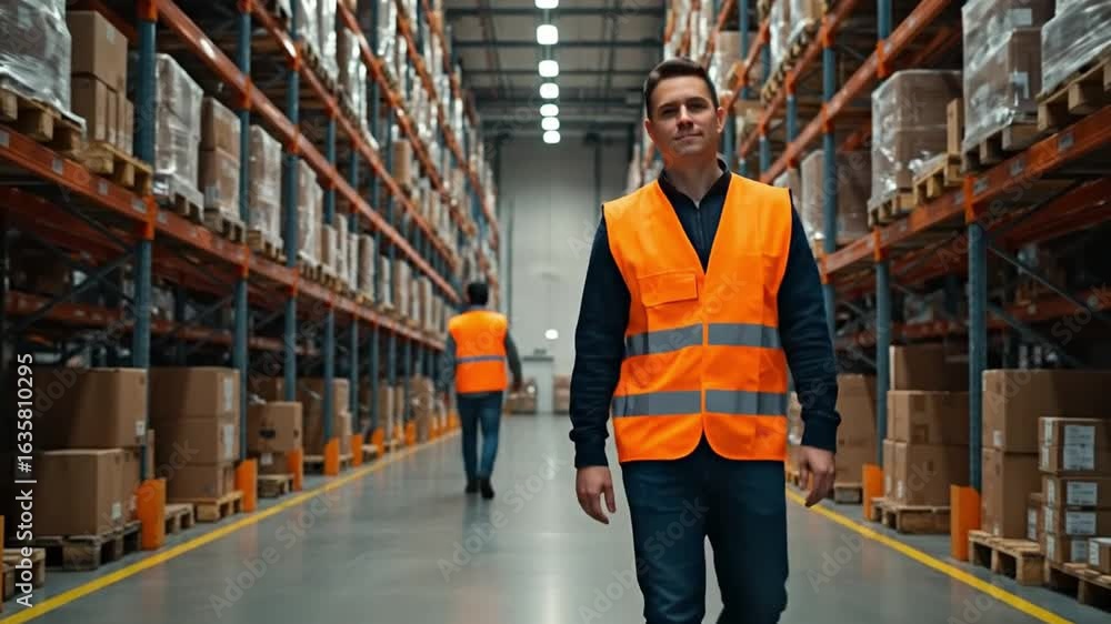 Confident Worker in Safety Vest Walking in Large Industrial Warehouse Confident Worker in Safety Vest Walking in Large Industrial Warehouse