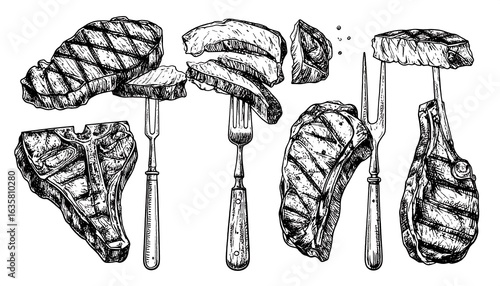 Grilled steaks and forks