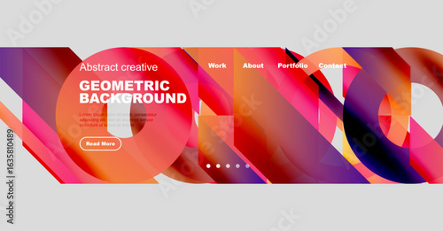 Abstract geometric background features vibrant colors, text, navigation menu, plus read more button. Modern design elements present.