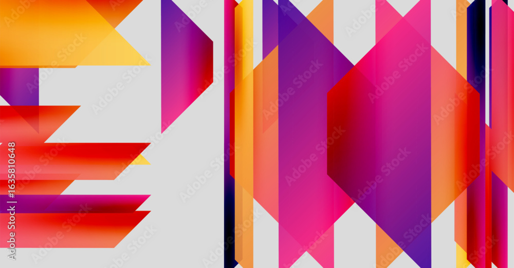 Fototapeta premium Abstract geometric composition. Vivid colors blend, creating dynamic shapes. Gradient transitions dominate visual space. Modern design elements present.