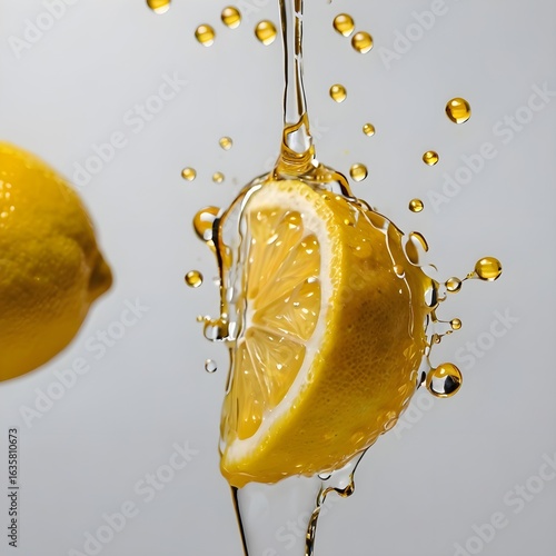 Close-up of a lemon wedge drizzling juice onto a reflective surface, bright yellow droplets captured mid-fall, high contrast and clean white background, no people,Generative Ai
