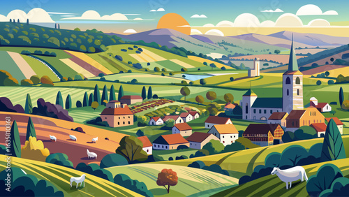 Aerial panoramic view of typical british farmers fields and some sheep, captured with the town of Usk in the background in South Wales, UK