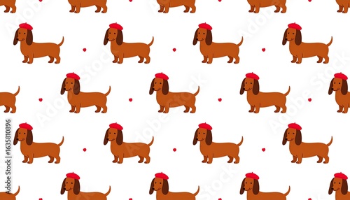 Dachshund dogs in berets, repeating pattern