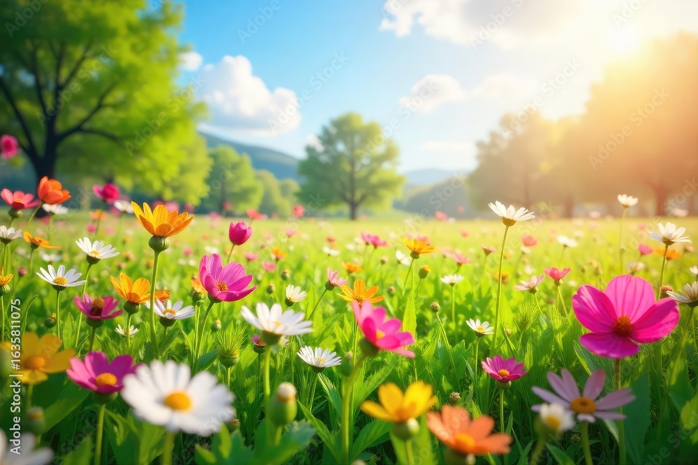 Vibrant spring meadow bursting with wildflowers in full bloom under a bright, sunny sky Perfect for nature, seasonal, and springtime themes , blossom, picturesque Vibrant spring meadow bursting with wildflowers in full bloom under a bright, sunny sky Perfect for nature, seasonal, and springtime themes , blossom, picturesque