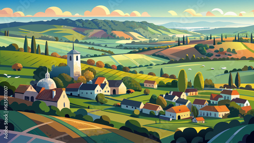 Aerial panoramic view of typical british farmers fields and some sheep, captured with the town of Usk in the background in South Wales, UK