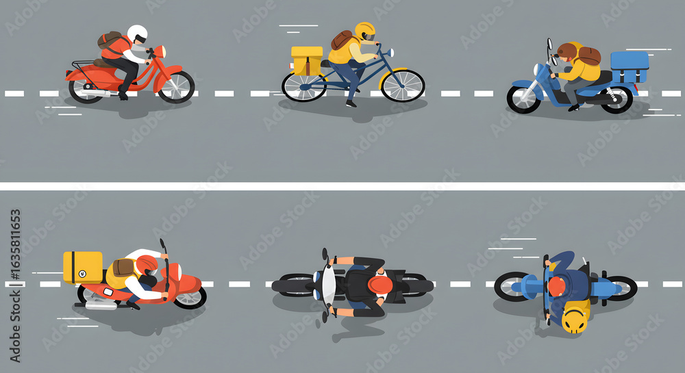 Naklejka premium Bicycle and scooter top view. Cartoon bike, motorcycle, cycle view from above. People ride on bicycle and motor bike vector illustration