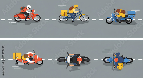 Bicycle and scooter top view. Cartoon bike, motorcycle, cycle view from above. People ride on bicycle and motor bike vector illustration