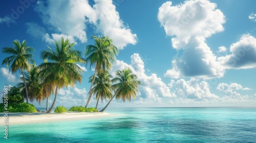 Picturesque tropical island paradise with lush palm trees and turquoise waters.