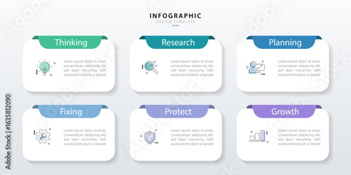 Infographic template. 6 steps timeline journey. Process diagram, 6 options on white background, Infograph elements, technology, education, modern, business, vector illustration.