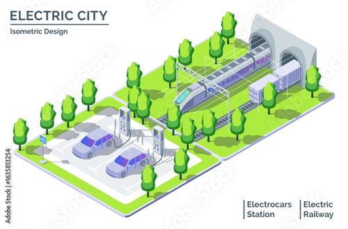 Cartoon Color Train, Electrocar and Electro Vehicle Charging Station Electric City Transportation Concept 3d Isometric View Line Elements. Vector illustration