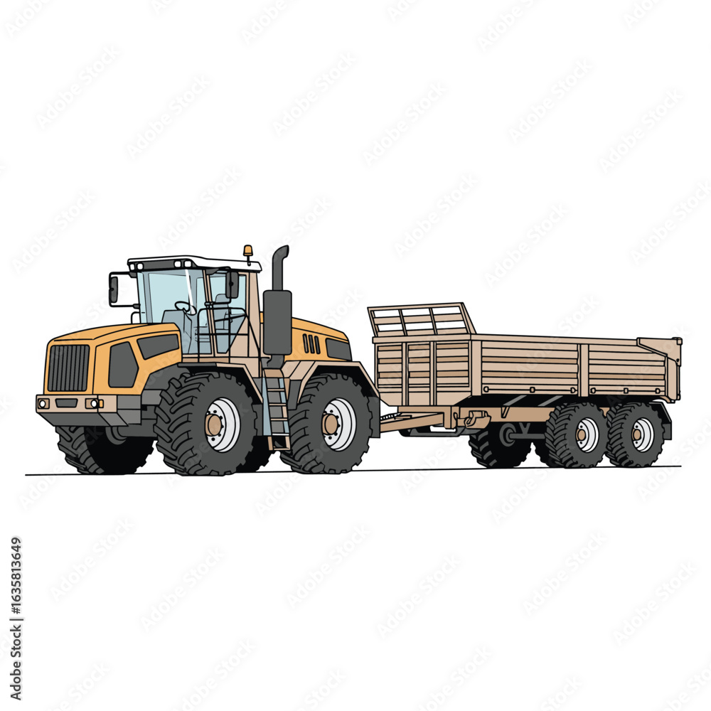 Obraz premium Powerful off road agricultural tractor pulling a large wooden trailer across the field for harvesting or transportation tasks