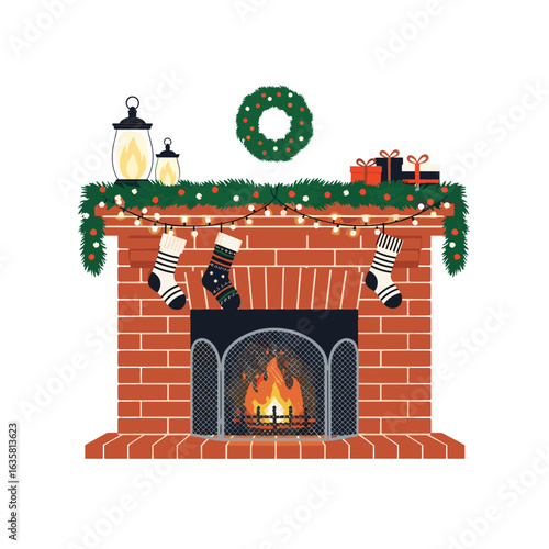A festive brick fireplace adorned with christmas decorations and a warm burning fire ready for the holidays