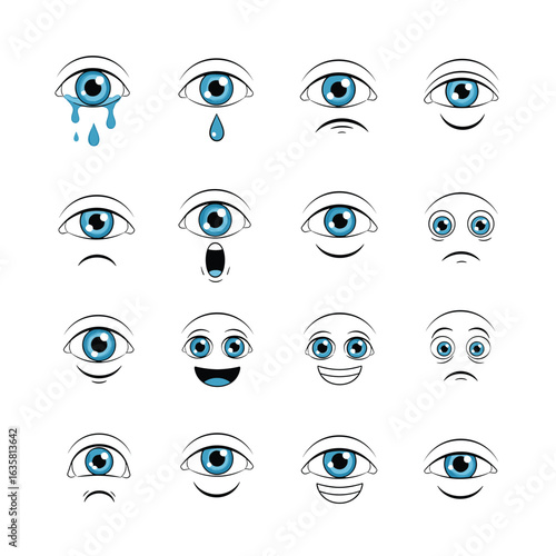 A collection of diverse expressive eyes depicting various emotions and feelings through subtle movements and tear production