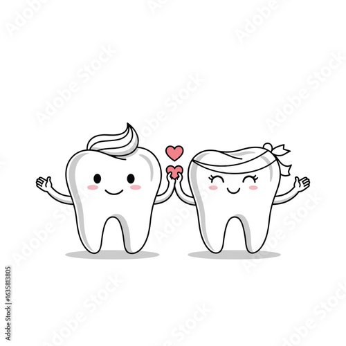 Cute cartoon teeth holding hearts with happy expressions and healthy dental care concepts