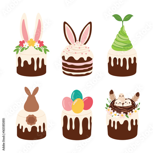 Adorable easter cakes decorated with bunny ears chocolate drip and spring blooms for a festive celebration
