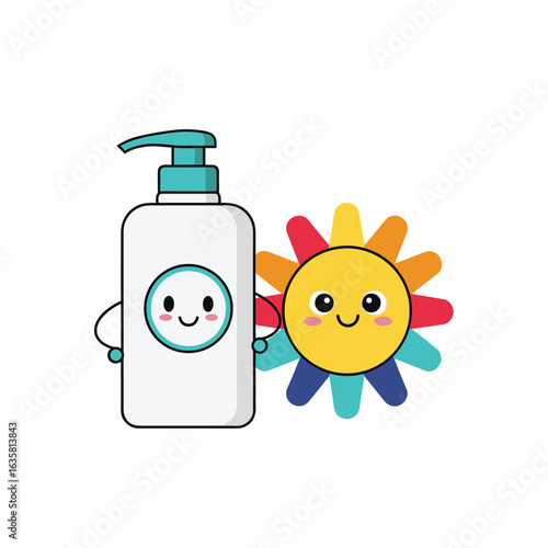 Cute sunscreen bottle and smiling sun character together for skin protection